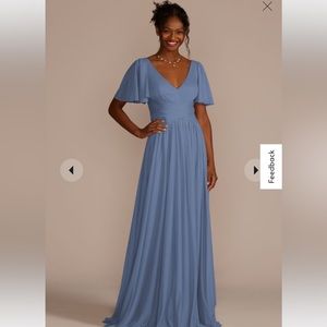 Flutter sleeve steel blue bridesmaid dress